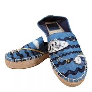 TORY BURCH SEASIDE Nautical Denim Cute Fish Sailing Espadrilles Size 6